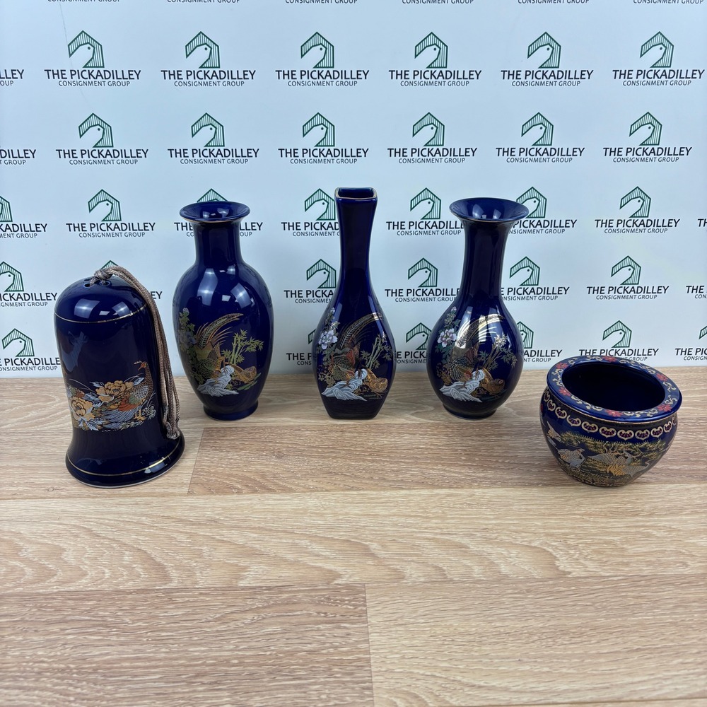 5pc Chinese Cobalt Blue Porcelain Set Vases Bell Bowl Gilt Bird Crane Pheasant - Picture 1 of 13